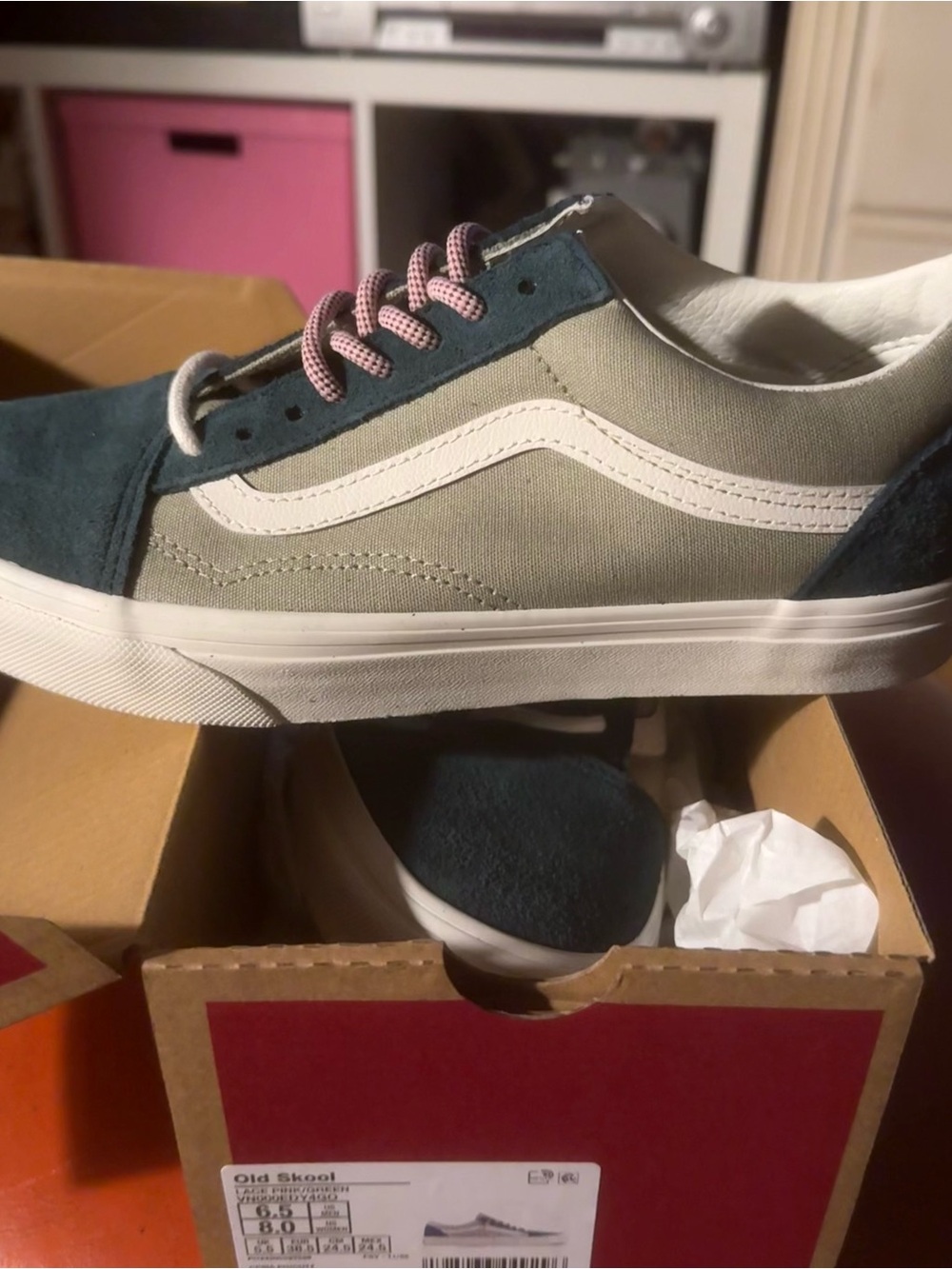 Vans Old Skool unisex Canvas & Suede Sneaker - Green/Pink Size W8/M6.5 - Picture 8 of 8